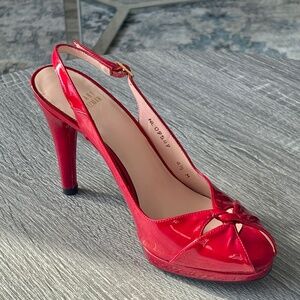 Stuart Weitzman Red Patent Leather Slingback Peep Toe Heels 6.5M NEW